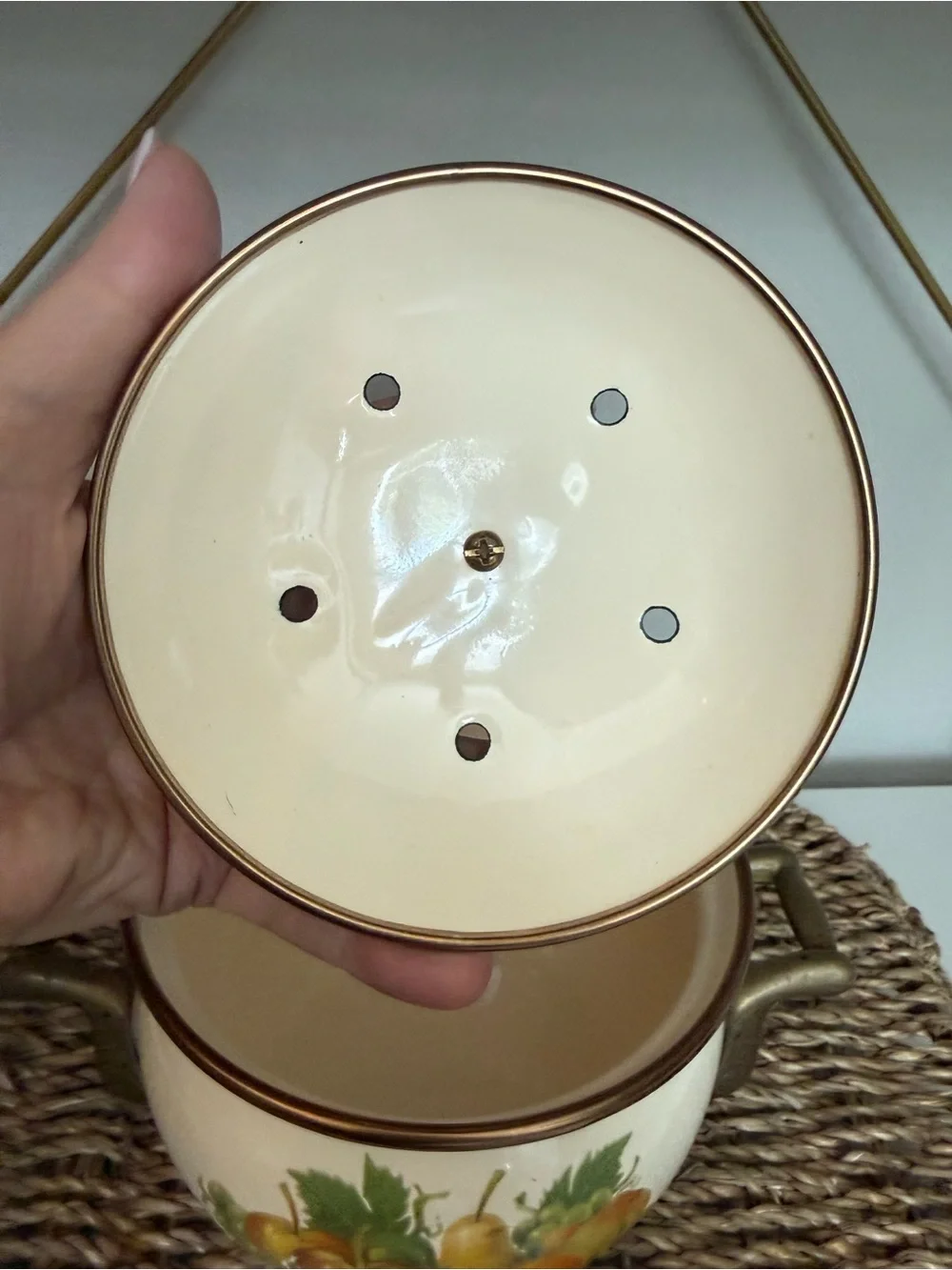 Vintage Fruit Enamel Stovetop Simmer Pot Brass Handles